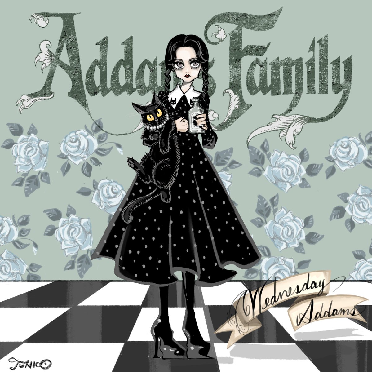 アダムスファミリー のクリスティーナリッチ演ずるウェンズデーちゃん。 #addams #addamsfamily #addamsfamily2 #wednesdayaddams #christinaricci #christinariccifan #barrysonnenfeld #movieillustration #halloween  #ハロウィンイラスト #fashionillustration