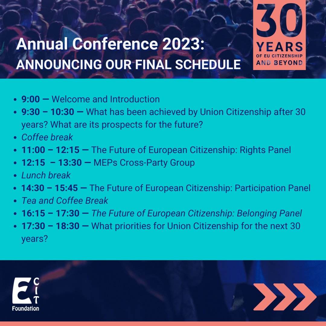 ECITFound's tweet image. We are excited to announce the final schedule of our Annual Conference next Tuesday, October 31st at Press Club Brussels. We celebrate 30 years of #EUCitizenship 🎈through a full day of debates and discussions about the future for #EUcitizens. Only 4 days left to register!🥳