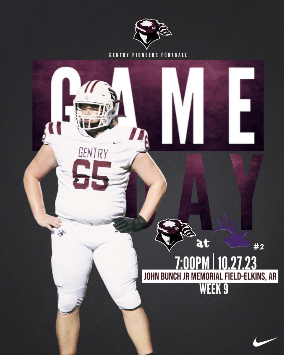 𝙂 𝘼 𝙈 𝙀 𝘿 𝘼 𝙔

🅆🄴🄴🄺 9️⃣ 

Gentry (5-3)
at
#2 Elkins (8-0)

🤝 Series: 0-5 Elkins
🏟️ John Bunch Jr Memorial Field
📍 Elkins, AR
🕖 7:00pm
🔔 x.com/GentryPioneerFB

#𝗚𝗼𝗡𝗲𝗲𝗿𝘀 | #𝗨𝗻𝘀𝗮𝘁𝗶𝘀𝗳𝗶𝗲𝗱