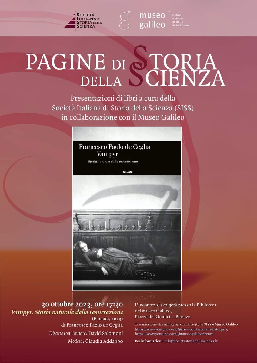 One day you're reading a really cool book, and the next day you find yourself presenting it with the author Francesco Paolo de Ceglia! Friends of #Florence, on Monday Oct. 30th, do yourself a #Halloween favor, don't miss it: #Vampyr! @museogalileo @Einaudieditore #Science