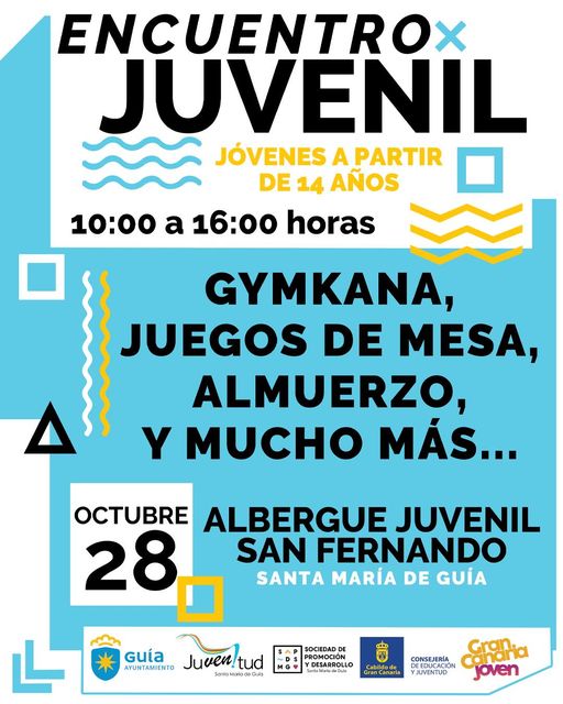 ✨Encuentro juvenil para jóvenes a partir de 14 años, en el Albergue Juvenil de #Guía. 
¡Tendrás la oportunidad de opinar y proponer todo lo referente a la creación del #EspacioJoven, disfrutar de gymkana, almuerzo, juegos de mesa, etc.