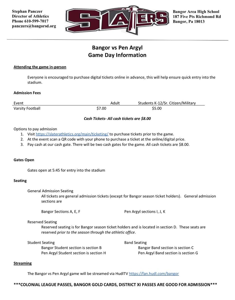 SlaterAthletics's tweet photo. Game day
 
104th Edition of the Game 

Bangor vs Pen Argyl

Game day information is below, including streaming info. All passes that are accepted for “normal” games are good tonight.  Buy your tix early, gates open 5:45 

@BangorSlatersFB @PenArgylFB @PAGreenKnights 

#Tradition https://t.co/nOpZqSnWLc