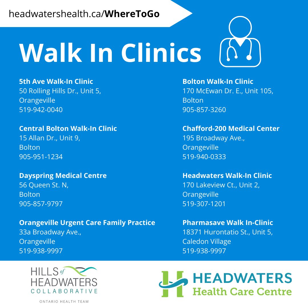 If you cannot see your family doctor, don’t have one or need more care than what the pharmacy can offer, visit one of the local #WalkInClinics in Dufferin/Caledon.

For more information on #WhereToGo for your health care needs, visit headwatershealth.ca/WhereToGo

#OntarioHealthTeam