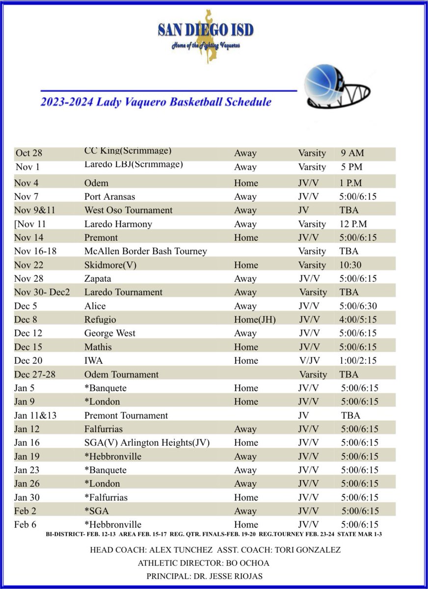Official 2023-2024 Lady Vaquero Basketball
Schedule! Start planning to come out and support! It’s going to be a great year!! 💙💛🏀
#bannerchasin #HHB #FinishStrong