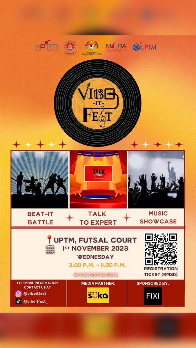 We are thrilled to announce that Projek Suka is proudly serving as the media partner for Vibe-It Fest!

There will be exciting activities happening! such as Beat-it Battle, Talk to Expert, and Music Showcase. 
scan the QR code and grab your ticket now!!🎸🤟