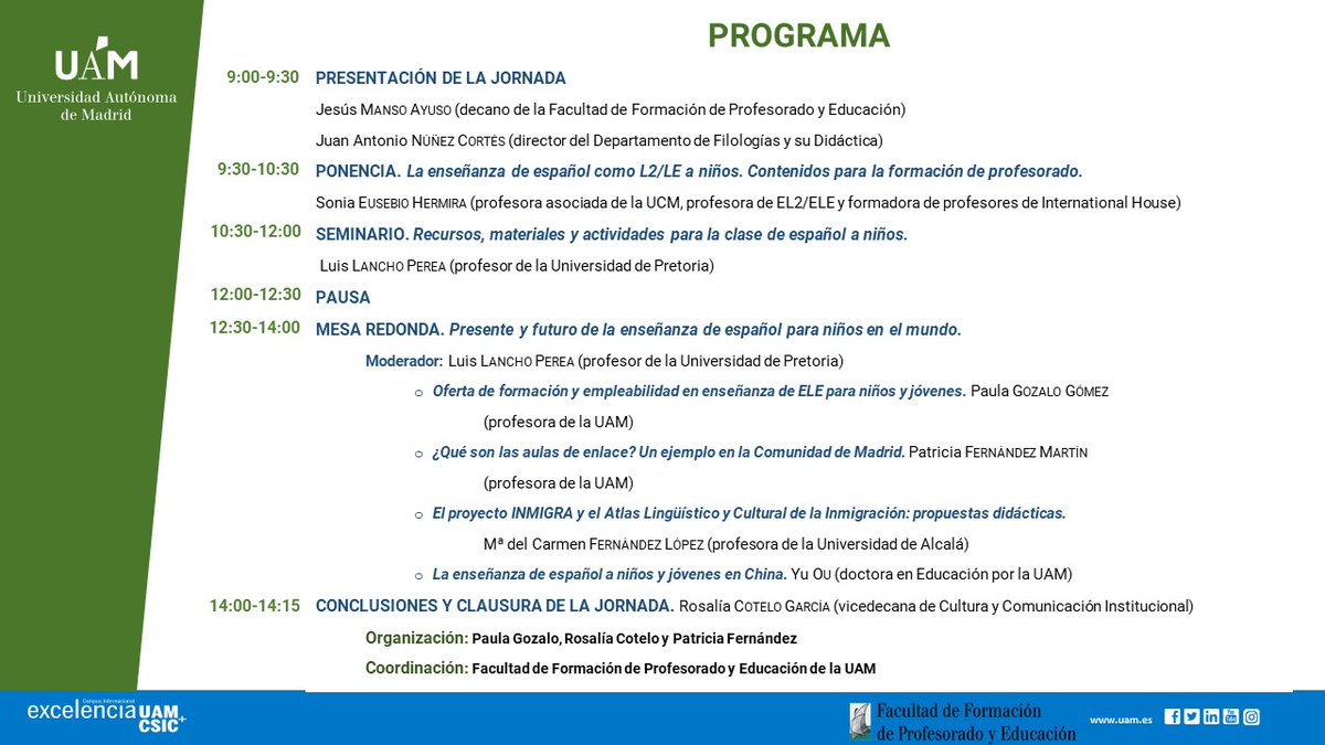 FaculEDUAM's tweet photo. El 15 de diciembre en @FaculEDUAM tendrá lugar la "I Jornada Internacional de Formación en Enseñanza de Español como Lengua Extranjera (ELE) para Maestros y Maestras", para ofrecer un panorama sobre la enseñanza de español L2/LE especialmente en Educación Infantil y Primaria. https://t.co/u42aTVz2ZU
