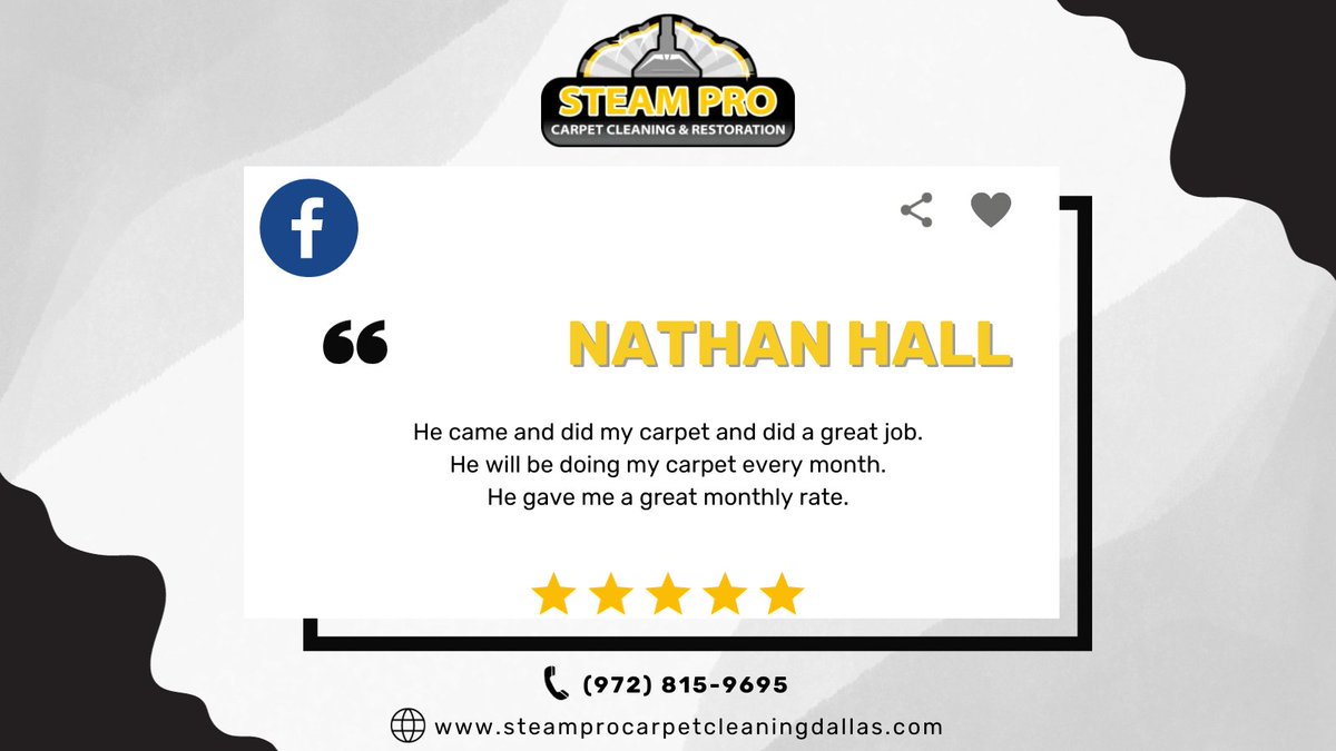 SteamProDallas's tweet image. Dear Nathan Hall,

Thank you very much for choosing our service! I’m glad that we were able to meet and exceed your cleaning needs! Thank you for the 5-star rating! 🤝

#clientreview #clientfeedback #review #feedback  #thanks #thankyou #5starreview #steamprocarpetcleaningdallas