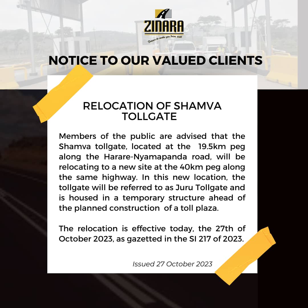 zinaraZW's tweet photo. Public Notice : Relocation of Shamva Tollgate!
@MinistryofTID
@InfoMinZW
@HeraldZimbabwe
@ZBCNewsonline
@NewsDayZimbabwe
@DailyNewsZim
@ChronicleZim https://t.co/LV1YbzjIL9