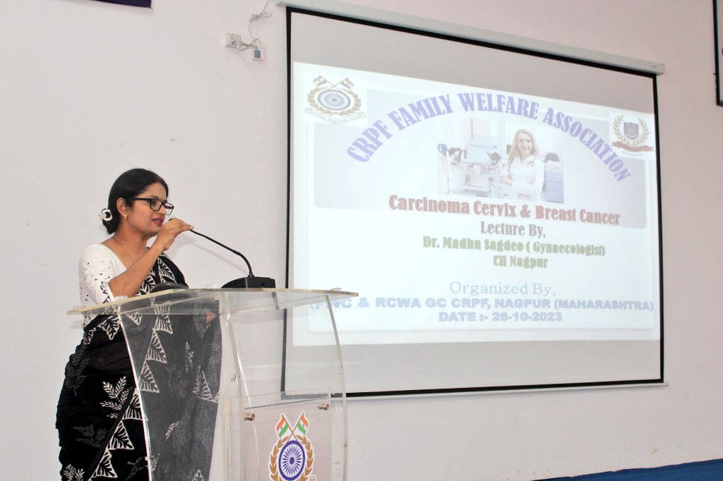fwcgcngrcrpf's tweet photo. Awareness program on "Carcinoma cervix &amp; Breast cancer" was organised on 26/10/2023 at FWC, GC Nagpur under guidance of Smt Keerti Jambholkar (President RCWA, Nagpur). Valuable information was given by Dr Madhu Sagdeo (Gynaecologist CH NGR) to families &amp; personnel of 213 (M) Bn. https://t.co/rBwwS03lSK