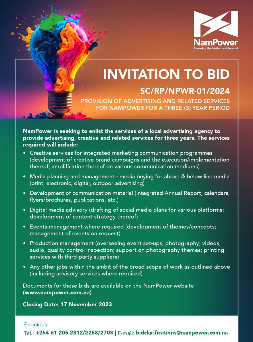 Invitation to Bid: Provision of Advertising and Related Services for NamPower for a Three (3) Year Period