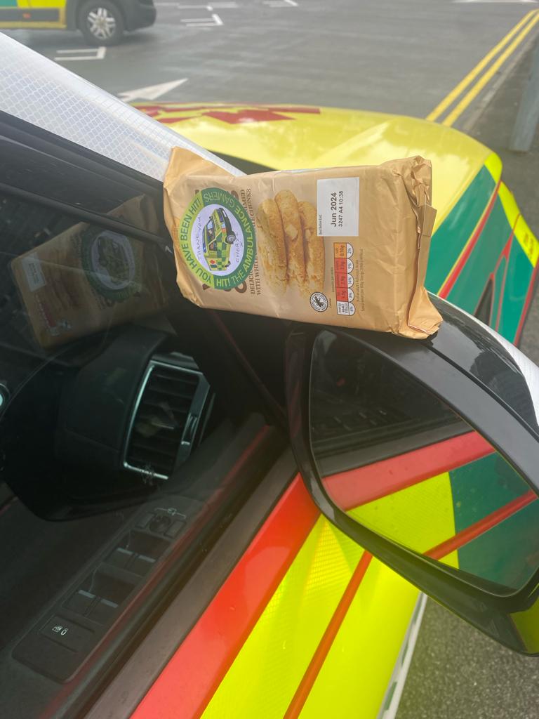 wmcareteam's tweet photo. Today's duty crew returned to the vehicle to see they've been "hit" by @AmbulanceGamers

Thanks to Cheryl for the snacks to keep our crew going!
PB https://t.co/hEOQjKtL05