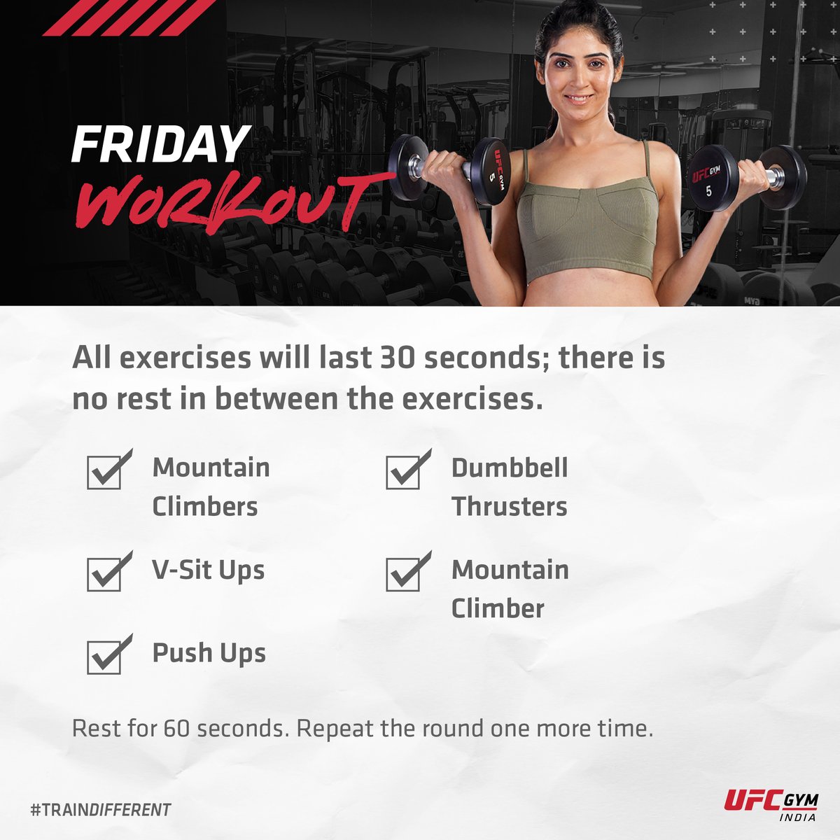 Finish off the week with our Friday workout.
#WeAreUFCGYM #TrainDifferent #UFCGYMPunjabiBagh #UFCGYMBandra #UFCGYMImphal #UFCGYMMansarovar #UFCFIT #KanakiaSiliconValley #fitnessmotivation #gymlife #workouts #strongglutes #bootyworkout #fitness #UFC #training