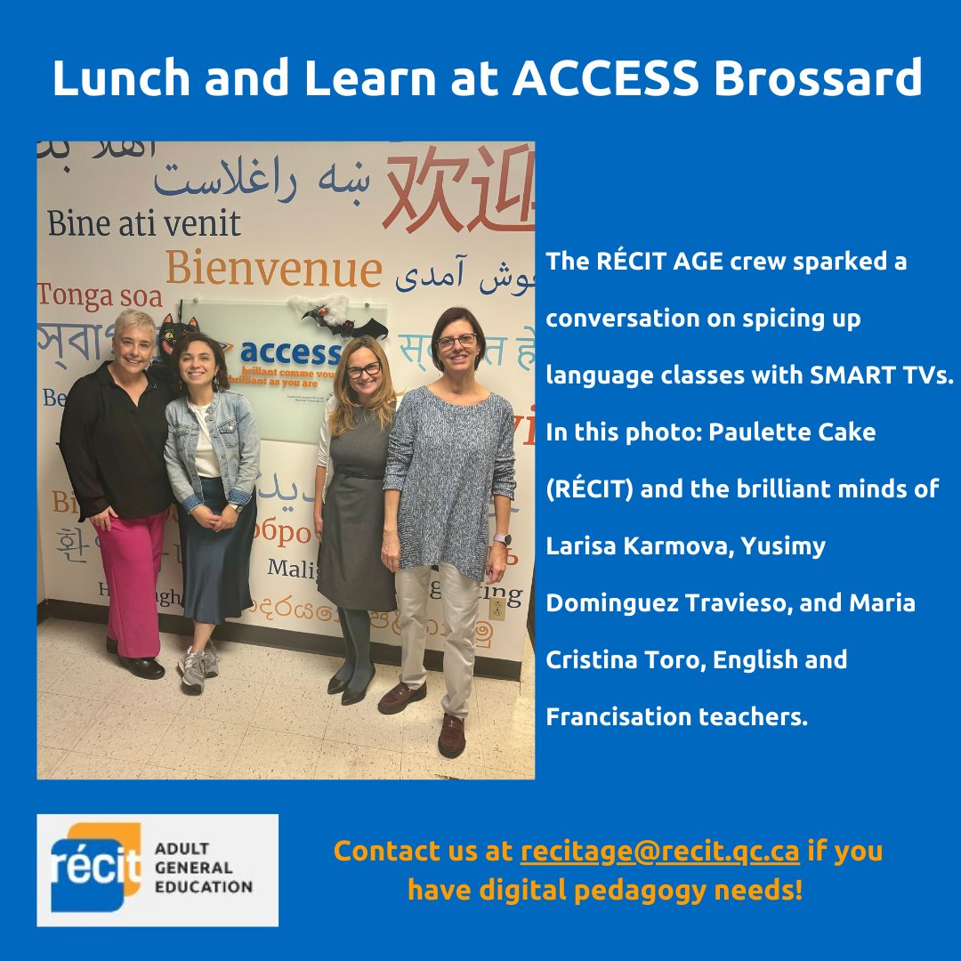 RecitAge's tweet image. Would you like to talk about digital pedagogy like the ACCESS Brossard AGE teachers did with RÉCIT consultants? Reach out to us anytime! A vibrant discussion on how to leverage Smart TVs into language teaching. #accessbrossard #digitalteachingandlearning #lunchandlearn #RSB @age