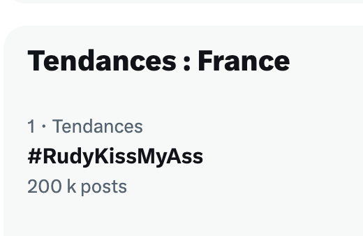 TataSuzanne0's tweet photo. @zoesagan @FranceTV @orange @free @InstitutCSA Incroyable #RudyKissMyAss à plus de 200K top #X tendance no 1 et ça n'arrête pas de monter 📈 😮 https://t.co/auOJJdeOgH