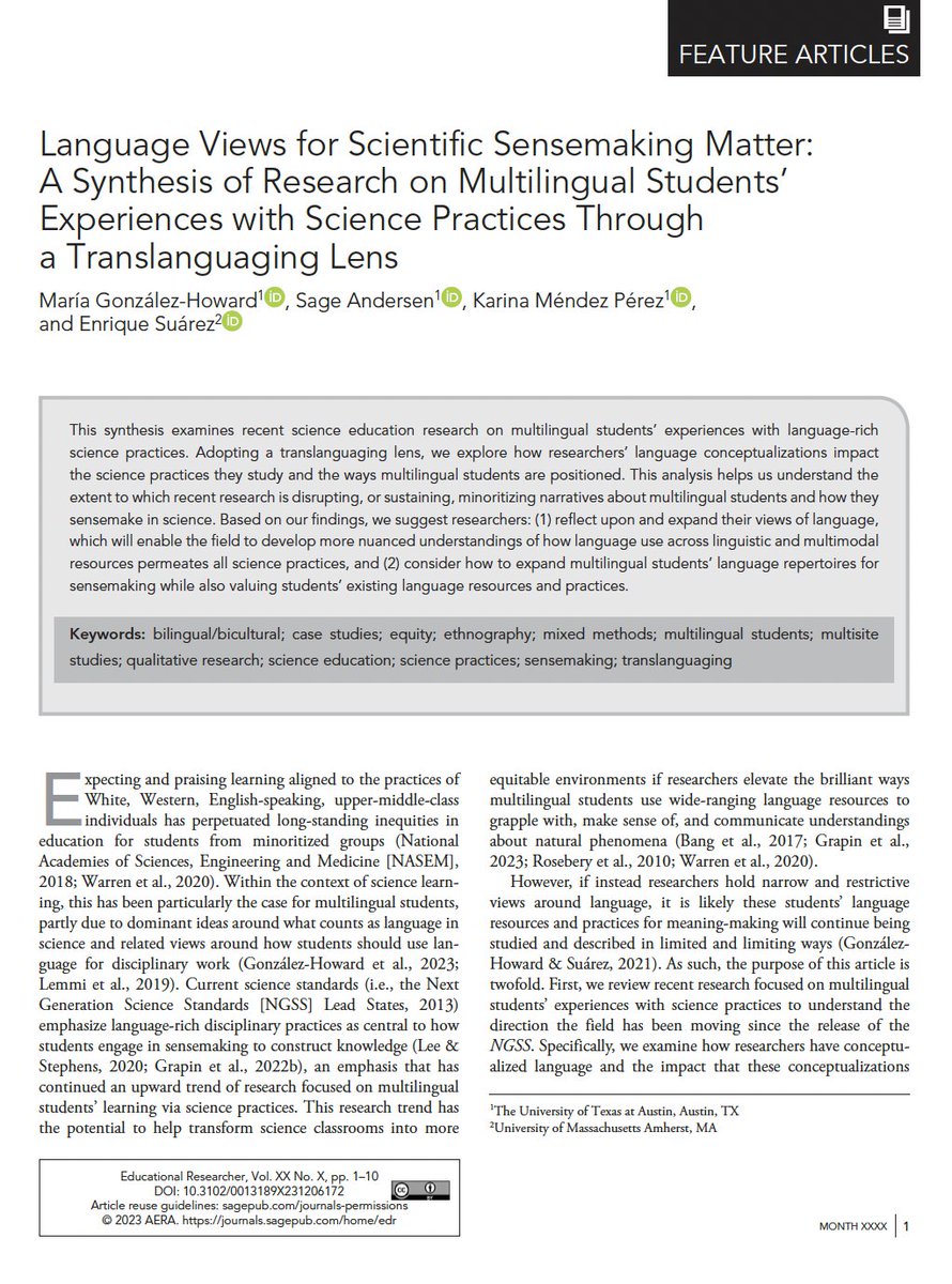 ✨Really proud of this one✨@SageBAndersen @karinamendez443 @SciEdHenry and I examine the impact of researchers' conceptualizations of #language on how they explore #multilingual students' engagement in #sciencepractices. Open-access: doi.org/10.3102/001318…