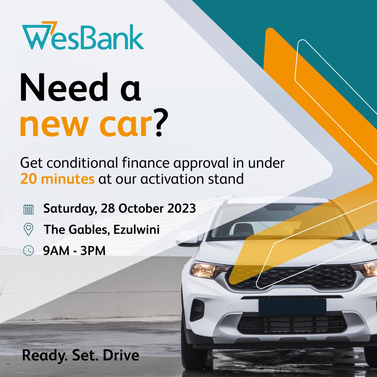 FNBEswatini's tweet photo. We know you are excited about getting a new ride π, it's time to take the next step π£and check your affordability. Come through to the WesBank activation stand at The Gables in Ezulwini tomorrow π #ReadySetDrive #WesBank https://t.co/tfxWx5cCU3