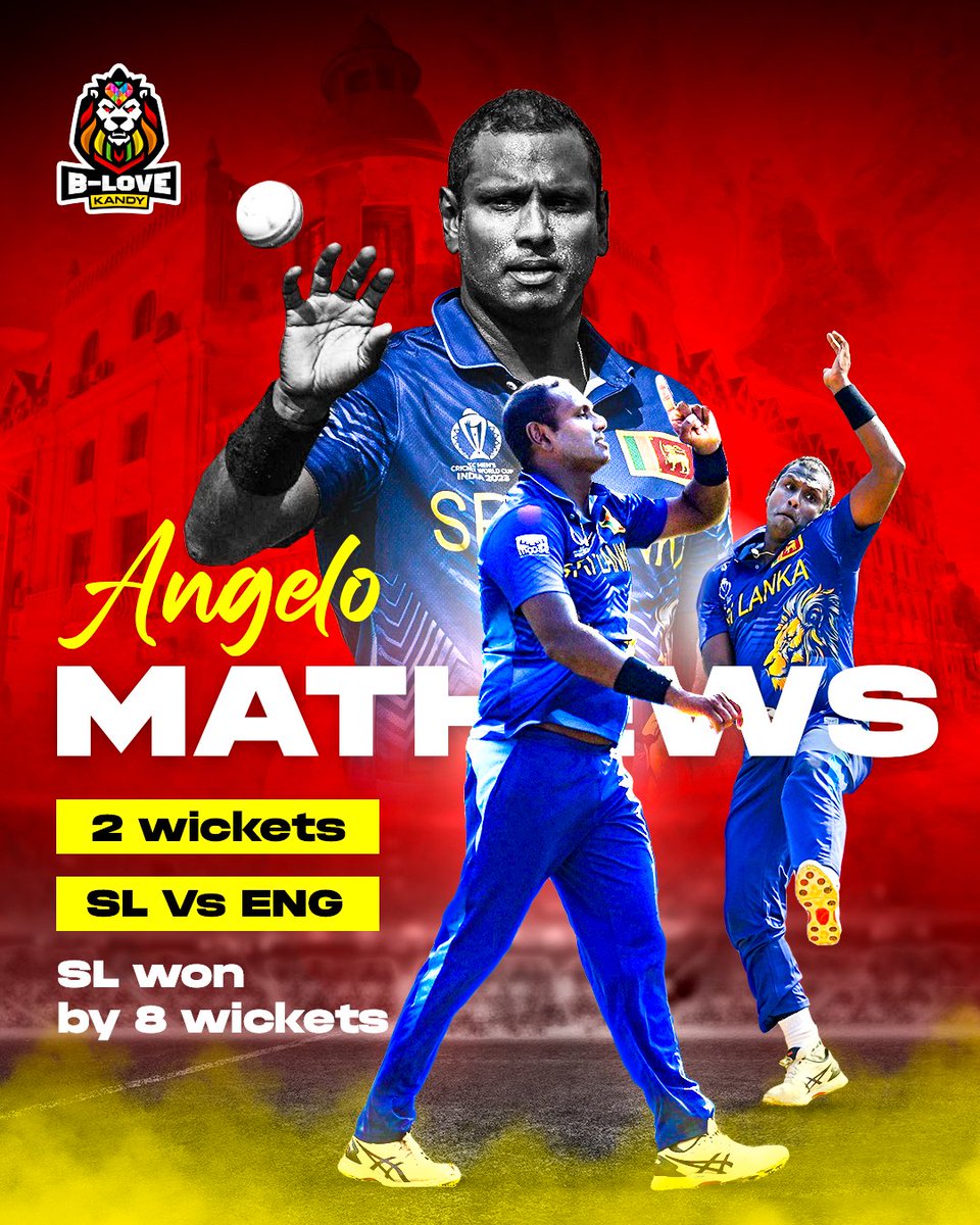 Angelo Mathews shines with 2 wickets as Sri Lanka clinches victory against England by 8 wickets! 🏏 #AngeloMathews #BloveKandy #KandyLions #Worldcup2023
