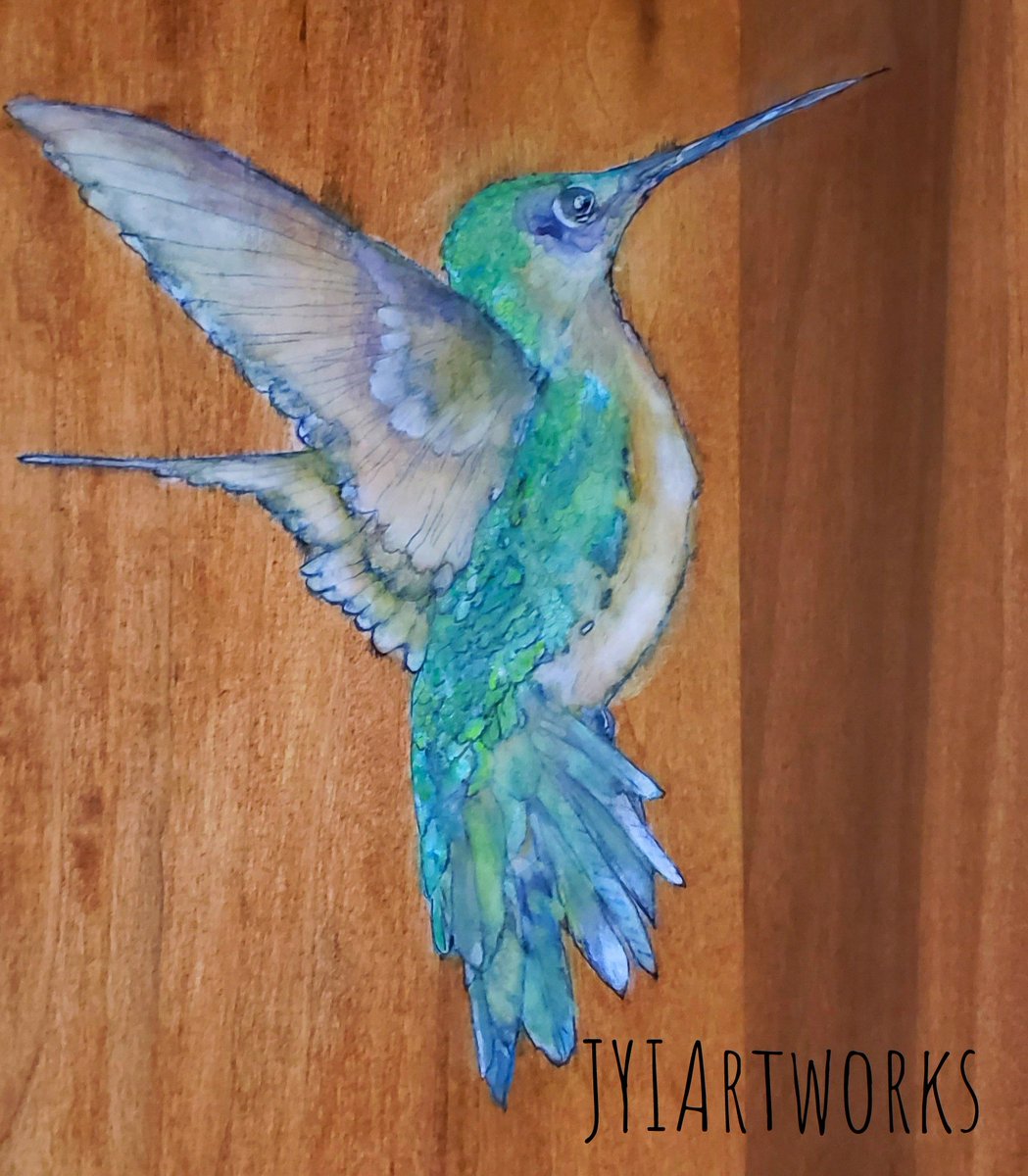 Jyistar's tweet photo. Work in progress...I made another Aspen wood flower press. Painted a female Ruby Throated Hummingbird in Watercolor. I penciled in shape then brushed in absorbant ground to help prevent bleed. It was challenging. Board done with Varathane oil stain Summer Oak. #jyiartworks https://t.co/Zo0xAGZeGm