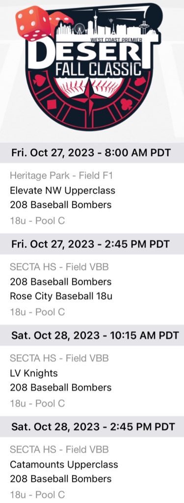 Last 2023 run with the <a href="/208baseball/">208 Baseball</a> Bombers 18u squad down at the <a href="/WCPTournaments/">West Coast Premier</a> Vegas Desert Fall Classic!  Come check out our dudes one last time before spring!!