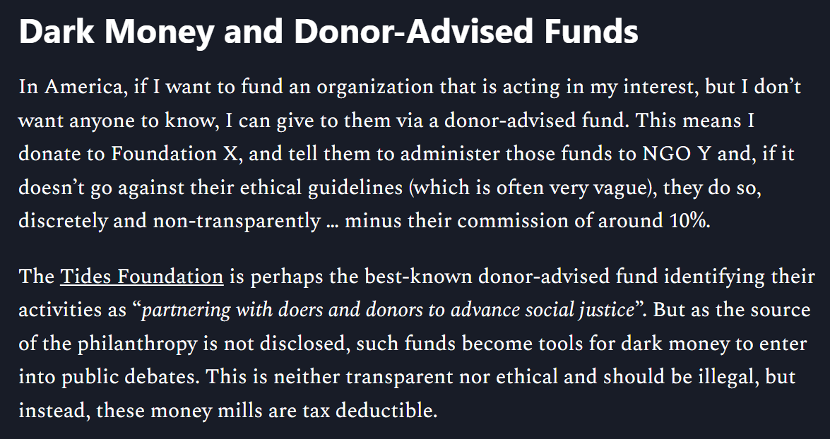 the_firebreak's tweet photo. NGOs campaign against industry lobbying lacking transparency but the number of activists receiving #DonorAdvised foundation funds is enormous.
Sources and amounts of NGO-directed dark money is hidden.
@zaruk wonders how such hypocrites can sleep at night
https://t.co/W9ZHnuL462 https://t.co/DDTdIde5S6