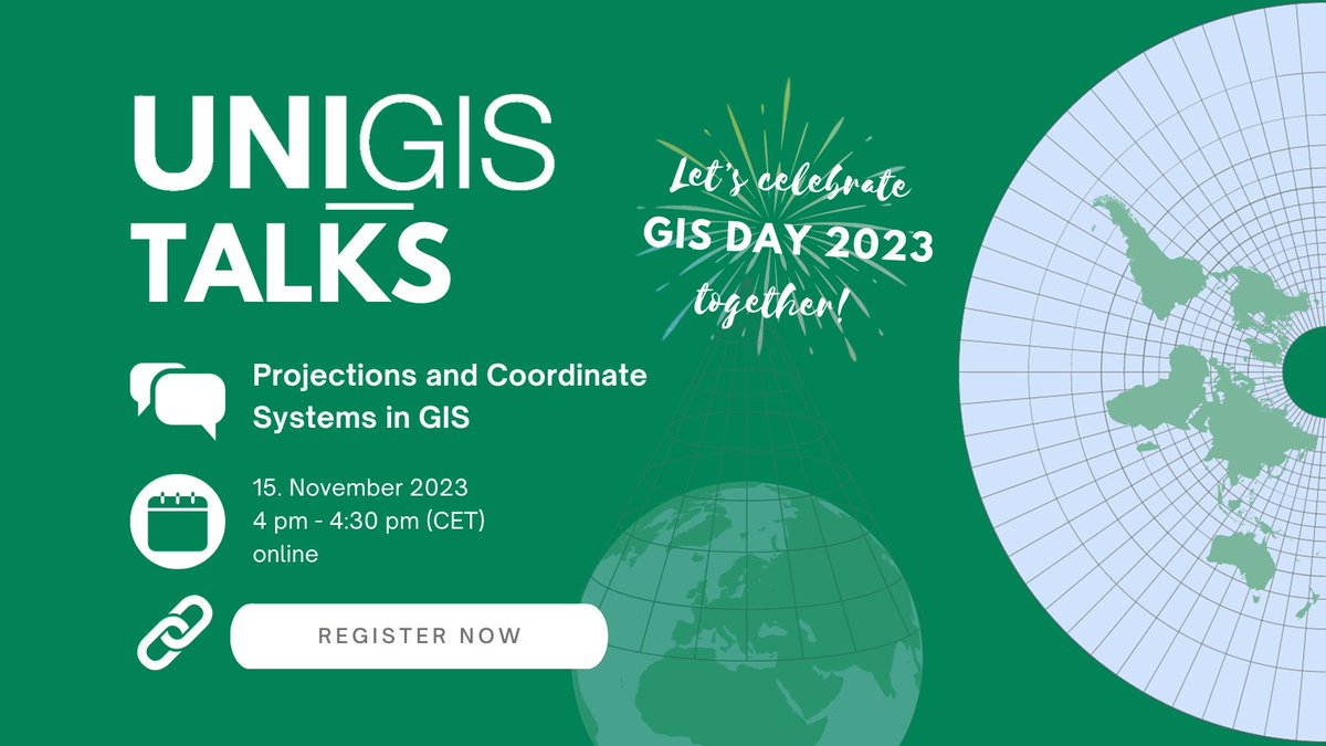 unigis's tweet photo. Dive into the world of #maps and data on #GISDay2023, with @unigis! ๐โจ
๐ก Join us for an insightful talk on "#Projections and #CoordinateSystems in #GIS".
๐ป November 15th, 4-4:30pm CET, online
๐Expand your knowledge with #UNIGIS and register now: https://t.co/np3IULF9PG https://t.co/E2qFM2YnEf
