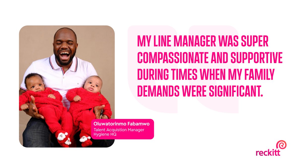 Championing empathy and understanding. Oluwatorinmo knows the importance of surrounding yourself with a supportive network, especially as a working parent. Flexible work arrangements help him to spend more valuable time with his twin boys. spkl.io/60174o5BB #WeAreReckitt