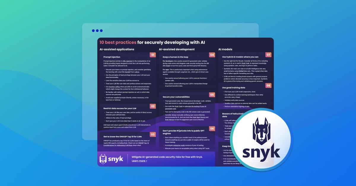 10 best practices for securely developing with AI @sjmaple @snyksec focuses on AI-assisted applications & AI-assisted development in this essential guide for adopting the latest innovations safely. hubs.ly/Q026Y1sT0 #DevsecOps #AI