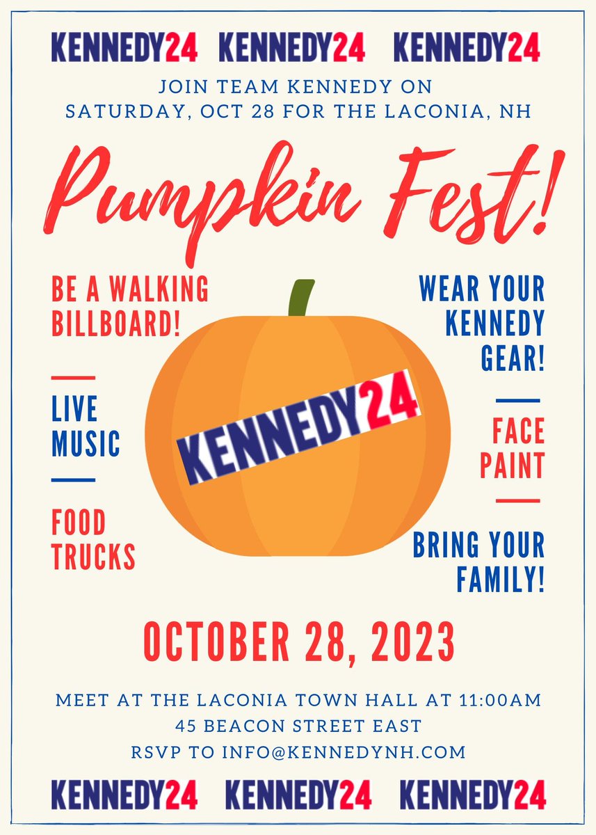JackmanRadio's tweet photo. Join Team Kennedy NH tomorrow at The Laconia Pumpkin Fest! #NHForKennedy #Kennedy24 

Info + RSVP: https://t.co/7wPBvK80H9 https://t.co/vs0VqY6cPs