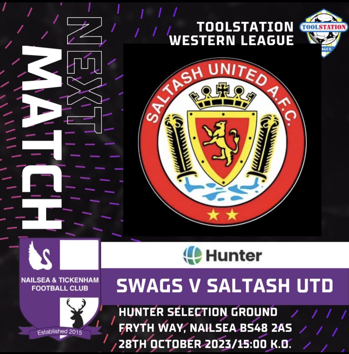 NandTFC (@nandtfc) on Twitter photo Join us tomorrow for our next Home fixture at The <a href="/HunterSelection/">Hunter Selection | B Corp™</a> Ground!
A big league game with a 3PM KO V <a href="/saltashunited/">Saltash United</a> in the @TSWesternLeague Premier Division!
Come down & get behind the lads! 💜
#Swags
<a href="/swsportsnews/">South West Sports News</a> <a href="/nailseapeeps/">Nailsea People</a> Join us tomorrow for our next Home fixture at The <a href="/HunterSelection/">Hunter Selection | B Corp™</a> Ground!
A big league game with a 3PM KO V <a href="/saltashunited/">Saltash United</a> in the @TSWesternLeague Premier Division!
Come down & get behind the lads! 💜
#Swags
<a href="/swsportsnews/">South West Sports News</a> <a href="/nailseapeeps/">Nailsea People</a>
