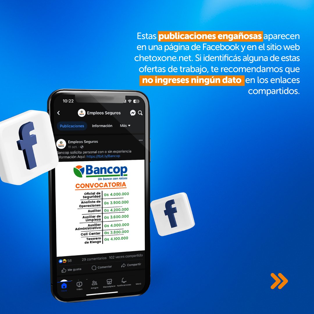 Bancoppy's tweet photo. ¡A tener mucho cuidado y no caer en esta modalidad de estafas! ⚠️
Se identificaron anuncios de oportunidades de trabajo, supuestamente ofrecidas por Bancop, aclaramos que los mismos son FALSOS.
Evita hacer enlaces no conocidos, accedé solamente a sitios y canales oficiales. https://t.co/FRxeJnmsc9