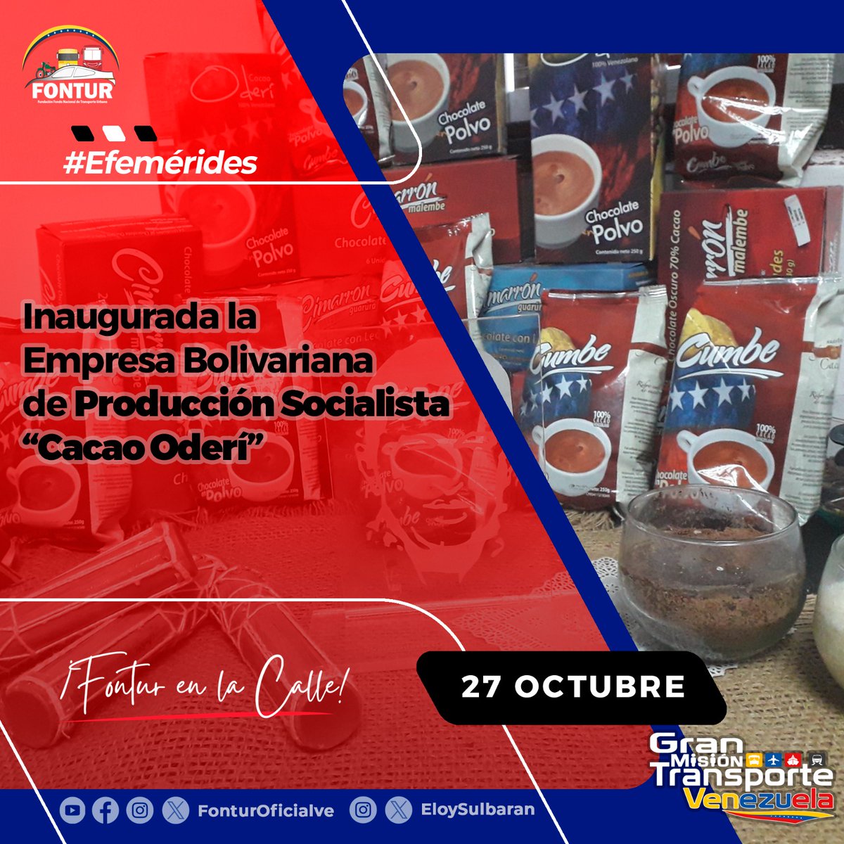 Fontur (@fonturoficialve) on Twitter photo El #27Oct en el año 2006, el Comandante Eterno Hugo Chávez Frías inaugura y pone en marcha la Empresa Bolivariana de Producción Socialista Cacao Oderi 🍫, con la finalidad de consolidar el empoderamiento de la cadena productiva del cacao.
<a href="/NicolasMaduro/">Nicolás Maduro</a>
<a href="/ELOYSULBARAN/">Eloy Chiquitín</a> El #27Oct en el año 2006, el Comandante Eterno Hugo Chávez Frías inaugura y pone en marcha la Empresa Bolivariana de Producción Socialista Cacao Oderi 🍫, con la finalidad de consolidar el empoderamiento de la cadena productiva del cacao.
<a href="/NicolasMaduro/">Nicolás Maduro</a>
<a href="/ELOYSULBARAN/">Eloy Chiquitín</a>