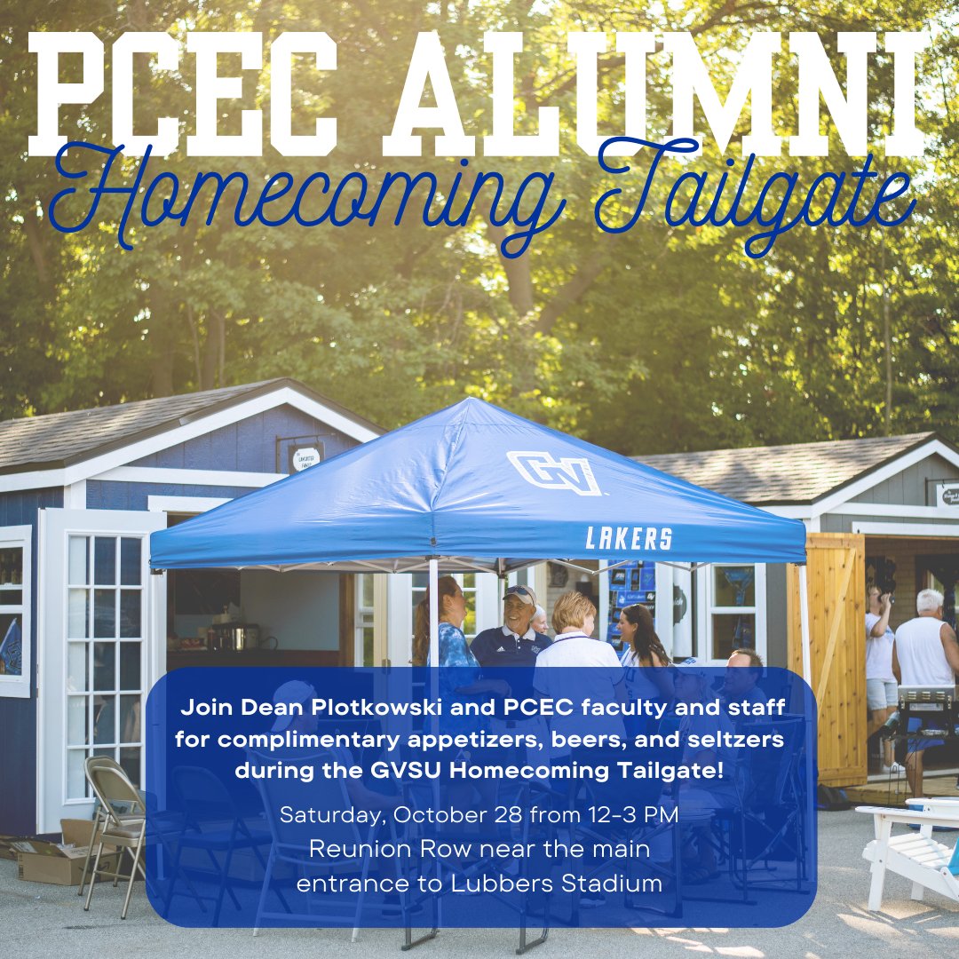 gvsucomputing's tweet image. It&apos;s Homecoming Weekend! Join PCEC and Dean Plotkowski at tailgating tomorrow 12-3 pm! #gvsu #pcec
