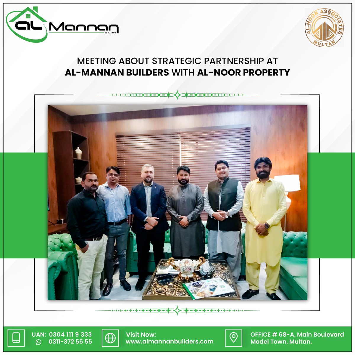 rana_mannan's tweet photo. A second meeting has been held with Malik Ajmal – CEO of Al-Noor Associates DHA Multan along with their partners regarding the strategic partnership at Al-Mannan Al Mannan Builders.
#almannanbuilders #DHA #DHAMultan #SectorB1 #lavistahomes https://t.co/BJ3NVsAUxZ