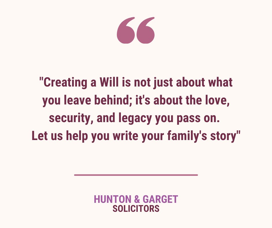 Did you know that creating a Will goes beyond just managing assets? It's about securing your family's future and preserving your legacy. 

📞 01748 850400 
📧 law@huntonandgarget.co.uk
#solicitors #yorkshire #richmondnorthyorkshire #catterickgarrison