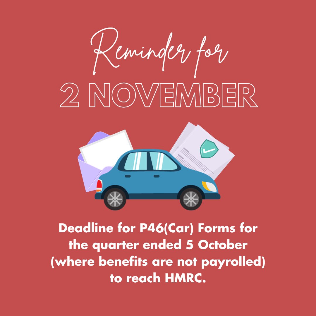 🚗 Reminder 🚗
 
Do you provide company cars for your employees?

If benefits are not payrolled, you must submit a P46(Car) form to HMRC by 2 November, for the quarter that ended on 5 October.

Contact us today for guidance.

#CompanyCar #TaxDeadline