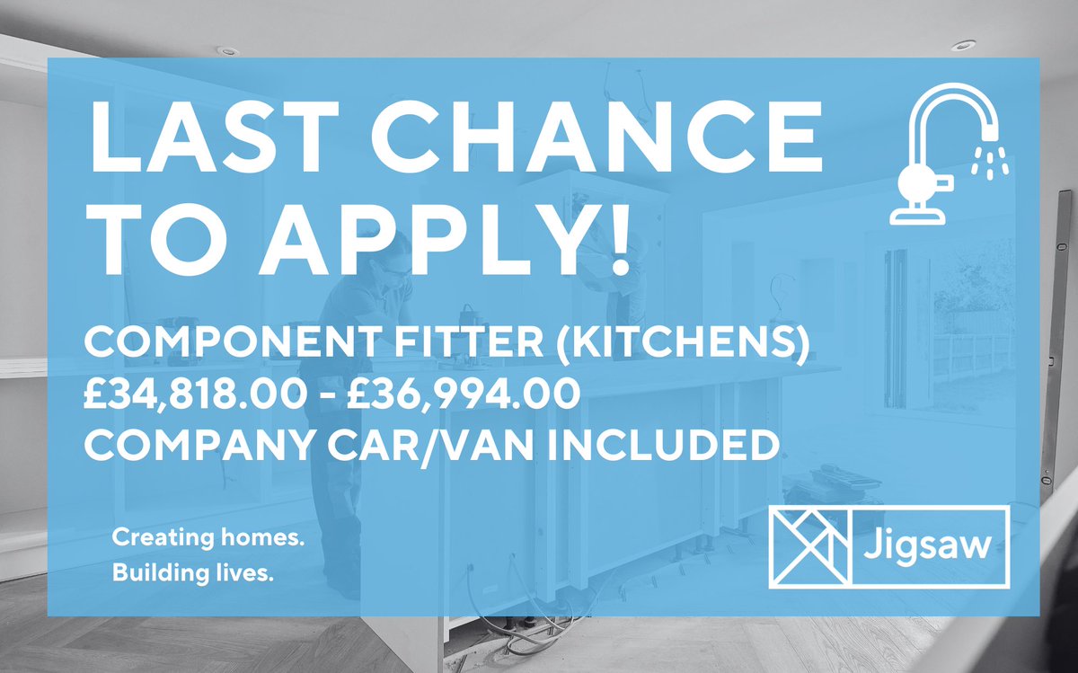 Closing soon! Component Fitter (Kitchens) Closing date: 27/Oct/2023 Salary: £34,818.00 - £36,994.00 pa. Hours: 37 hours per week, Monday-Thursday 8am-4.15pm, Friday 8am-2.30pm Company Car/Van included Permanent For more information and to apply, visit: careers.jigsawhomes.org.uk/job/component-…