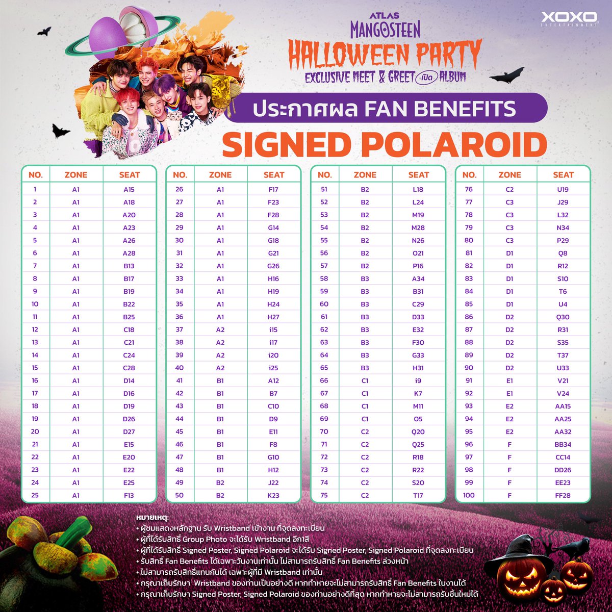 ประกาศผล Fan Benefits “Signed Polaroid” 

งาน ATLAS Mangosteen Halloween Party
Exclusive Meet &amp; Greet เปิด Album 
#HalloweenMeetATLAS 

- ผู้ที่ได้รับสิทธิ์ Signed Polaroid แสดงหลักฐานเพื่อรับ Signed Polaroid ที่จุดลงทะเบียน 
ตั้งแต่เวลา 16.00 น. เป็นต้นไป 
- กรุณาเก็บรักษา