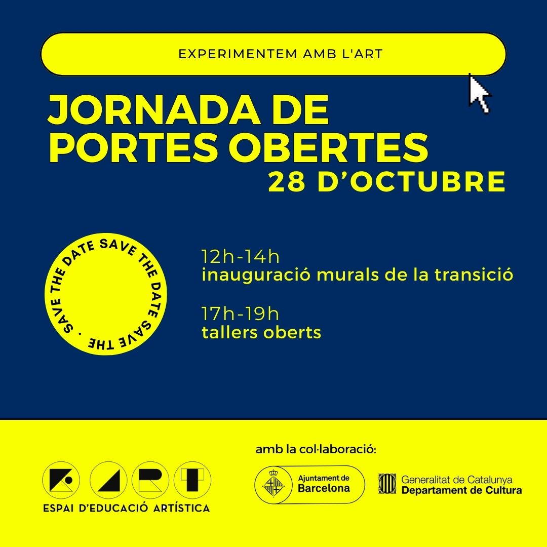 E:\\ART (@experimentemart) on Twitter photo 📢JORNADA DE PORTES OBERTES
🗓️28 d’octubre 2023
⏰ 12h-14h
Inauguració Murals de la transició
<a href="/SalvemAlzina/">Salvem l'Alzina</a> <a href="/ANDRONAcultura/">ANDRONAcultura</a>
⏰ 17h-19h
Tallers Oberts artistes d'EART
<a href="/Bcn_Gracia/">BCN Gràcia</a>
#MemoriaHistórica
#artieducacio #culturaieducació #portesobertesbarcelona
#Experimentemamblart 📢JORNADA DE PORTES OBERTES
🗓️28 d’octubre 2023
⏰ 12h-14h
Inauguració Murals de la transició
<a href="/SalvemAlzina/">Salvem l'Alzina</a> <a href="/ANDRONAcultura/">ANDRONAcultura</a>
⏰ 17h-19h
Tallers Oberts artistes d'EART
<a href="/Bcn_Gracia/">BCN Gràcia</a>
#MemoriaHistórica
#artieducacio #culturaieducació #portesobertesbarcelona
#Experimentemamblart