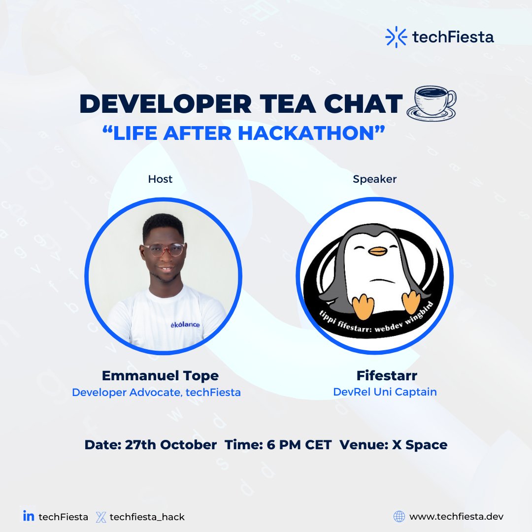 techFiesta_hack's tweet photo. Join us for an enlightening Developer Tea Chat today by 5PM WAT / 6PM CET with @fifestarr , @DevrelUni Captain .
Explore "Life After Hackathon" on X space.
Secure your spot at
https://t.co/tfz9it5WgF
Sip on knowledge with us! π
#techFiesta #DeveloperChat #hackathon https://t.co/Be48OSRqvz