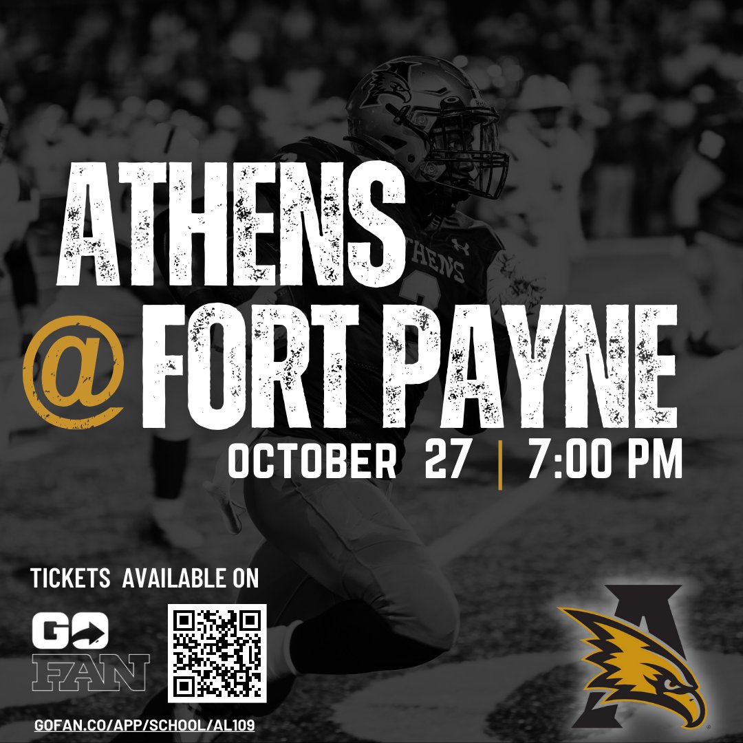 AHS_Alabama's tweet photo. Our @AthensGolden  🏈 will travel to Fort Payne for #fridaynightlights. Tickets are available on the GoFan app or visit https://t.co/PyZwsQTEUt. #goEagles #goband #gocheer https://t.co/UrpzJK8XwH
