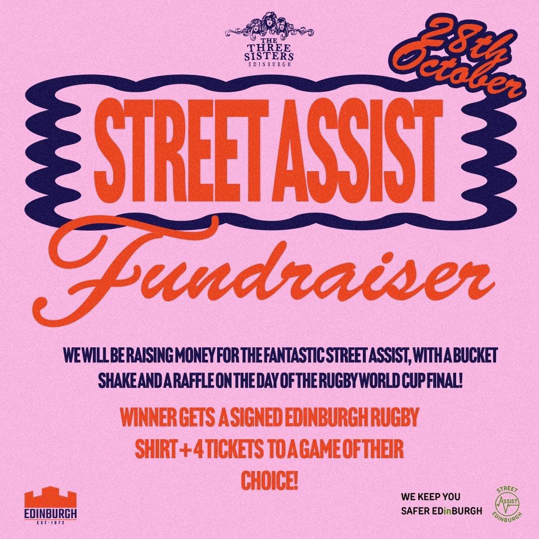 Watching the rugby this weekend? Why not head to the @the3sistersbar to watch it on the big screen and support Street Assist whilst you cheer on your World Cup winner? Who are you supporting? 🇳🇿 🇿🇦