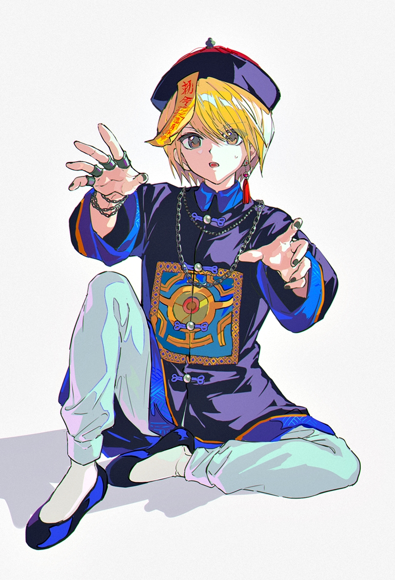 kurapika jewelry blonde hair solo hat jiangshi ofuda 1boy  illustration images