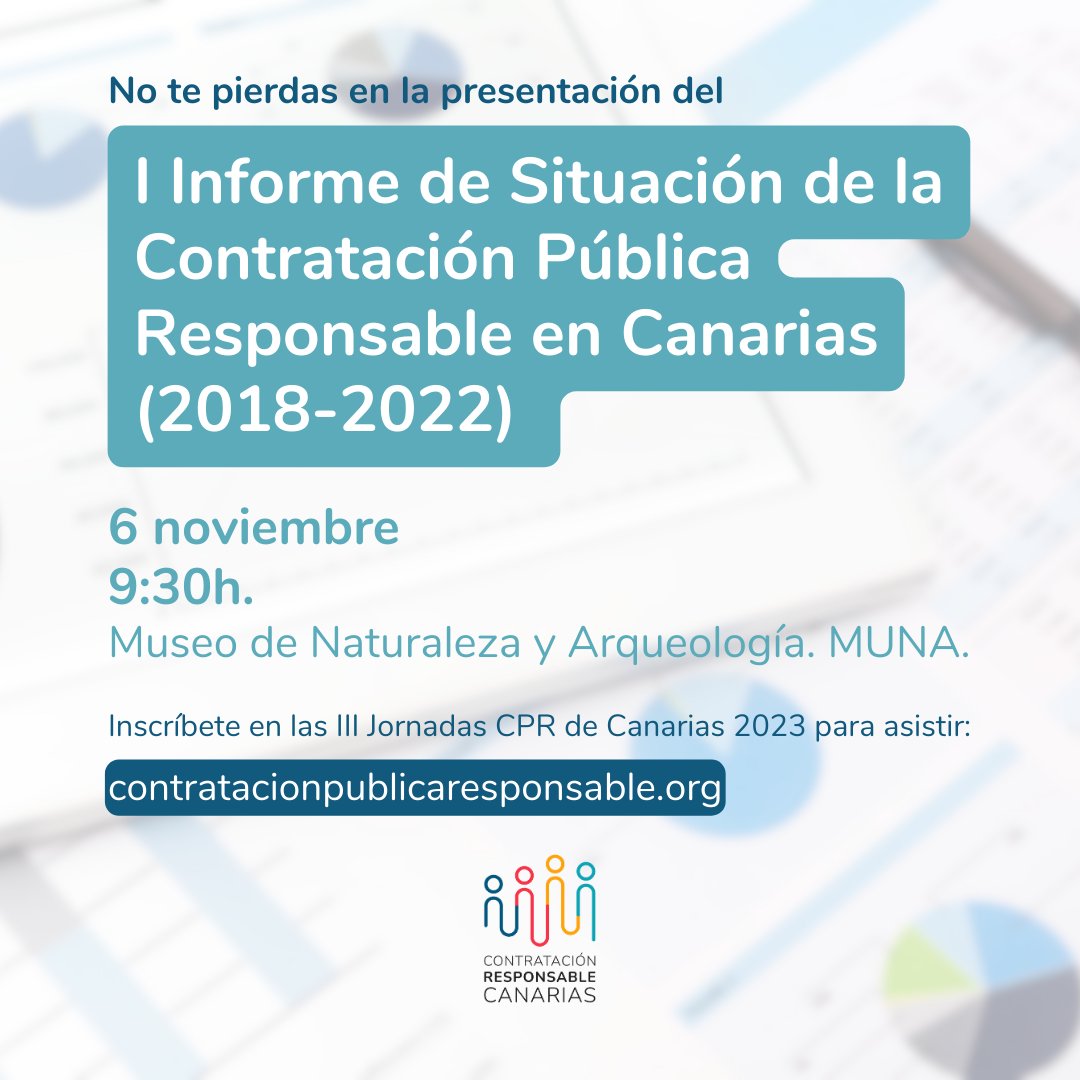 CPRCanarias's tweet photo. 📄✨  El 6 de noviembre presentamos el ‘I Informe de Situación de la #ContrataciónPúblicaResponsable en Canarias (2018-2022)’.

Pondremos de manifiesto las cifras de la contratación del Sector Público hacia las Empresas Sociales desde la entrada en vigor de la Ley 9/2017. https://t.co/Y8RvdyNn4C