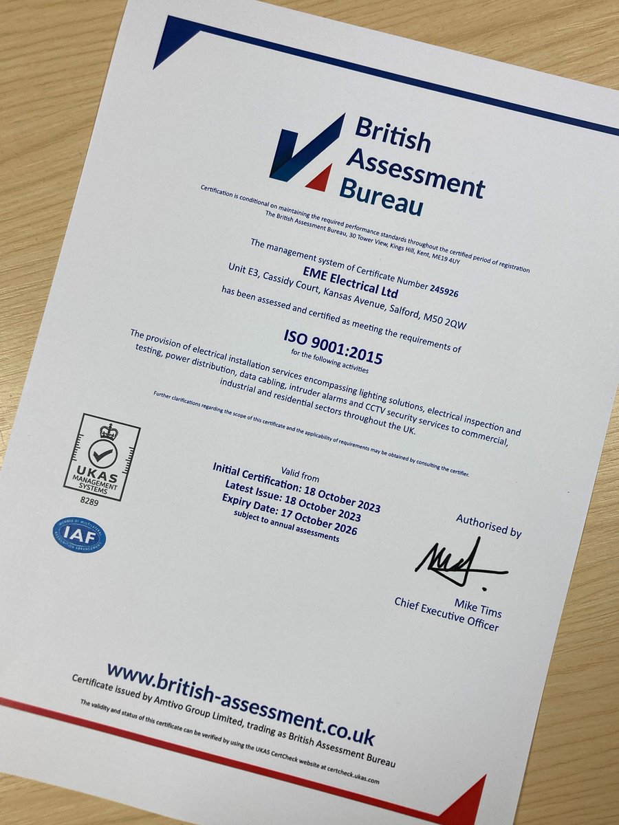 We're very pleased to say we have achieved ISO 9001 certification from @britishassessment showing our commitment to #quality workmanship and #quality management is our top priority! #electricalcontractors #electrical #manchester #salford #procurement  #Construction