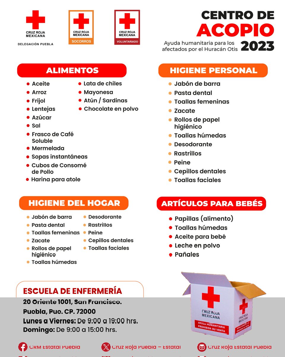 CruzRojaPue's tweet photo. 📰 #Comunicado | En apoyo a las familias guerrerenses que resultaron damnificadas por los estragos que ocasionó el #HuracánOtis, a partir de este sábado 28 de octubre, la Delegación Estatal de @CruzRoja_MX en #Puebla aperturará por tiempo indefinido un #CentroDeAcopio de Víveres. https://t.co/3o2yZAwGLV