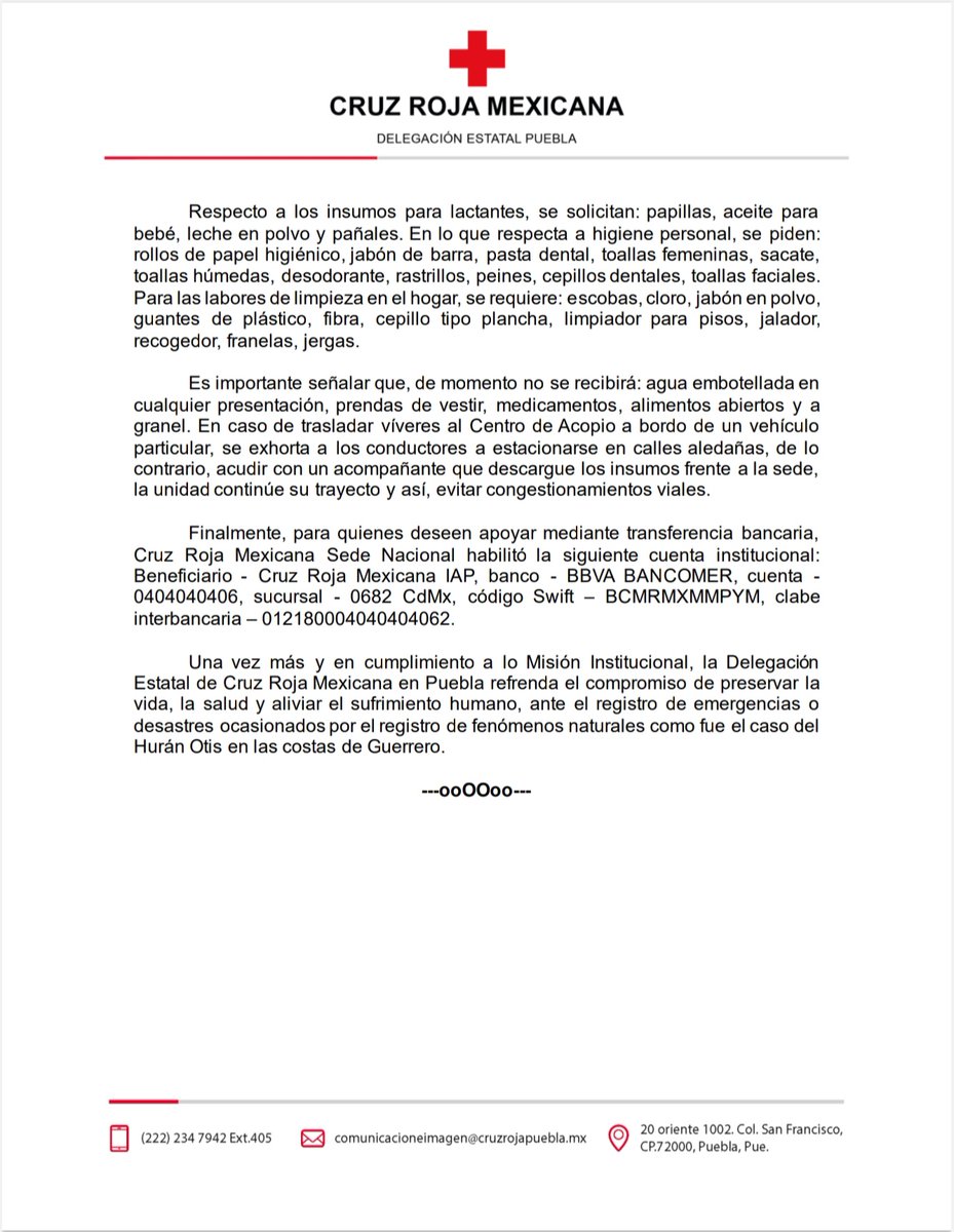 CruzRojaPue's tweet photo. 📰 #Comunicado | En apoyo a las familias guerrerenses que resultaron damnificadas por los estragos que ocasionó el #HuracánOtis, a partir de este sábado 28 de octubre, la Delegación Estatal de @CruzRoja_MX en #Puebla aperturará por tiempo indefinido un #CentroDeAcopio de Víveres. https://t.co/3o2yZAwGLV