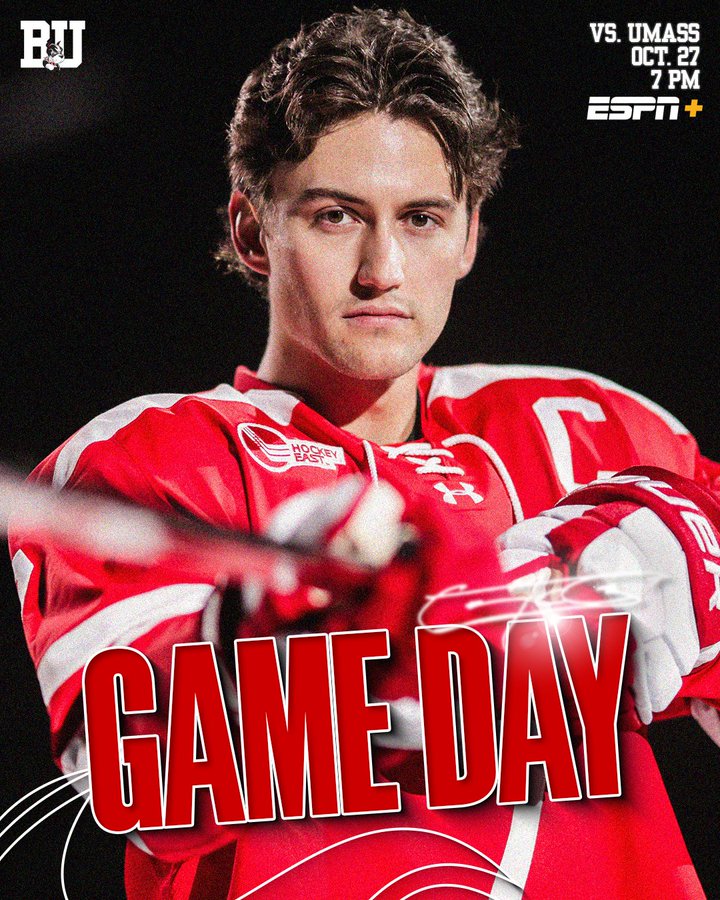 Game Day graphic featuring posed photo of BU men's ice hockey captain Case McCarthy in his red jersey. BU vs. UMass, Oct. 27, 7 PM, ESPN+