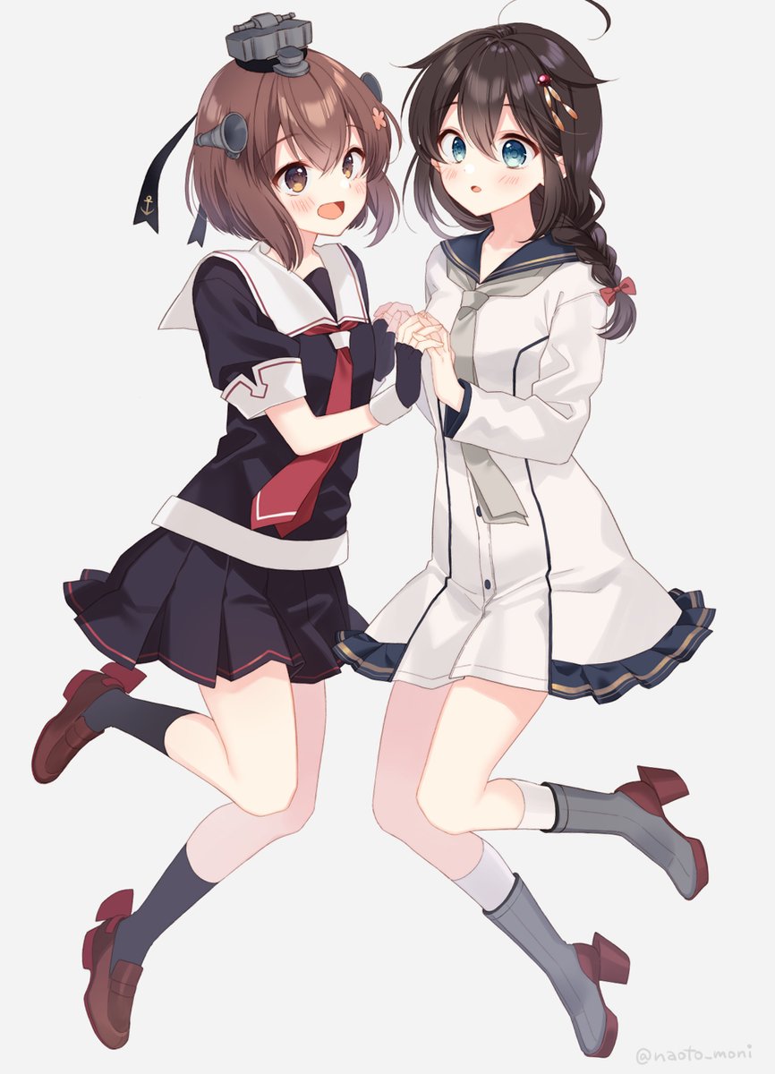 shigure (kancolle) ,shigure kai ni (kancolle) ,yukikaze (kancolle) multiple girls 2girls brown hair braid sailor dress dress fingerless gloves  illustration images