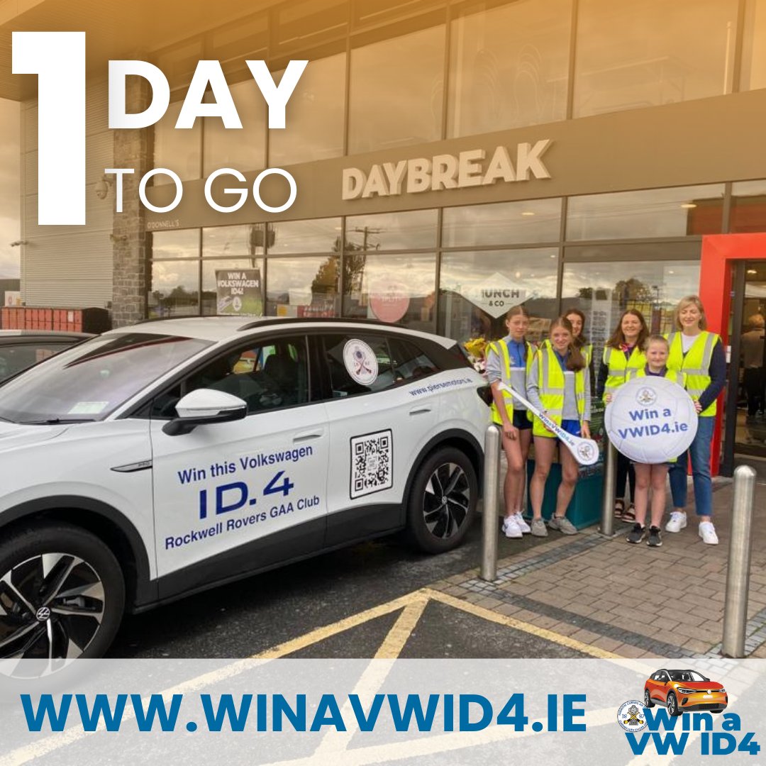 🚗 𝟭 𝗗𝗔𝗬 𝗧𝗢 𝗚𝗢 🚗 There's just 1 day left to buy your ticket for our @RockwellRovers #WinAVWID4 fundraiser! Can you believe it? You could be the winner of a brand new VW ID4 worth over €55,000 for just €25! Get your ticket today 🎫➡ winavwid4.ie