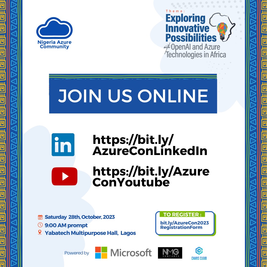 Participate in the Microsoft Azure community conference from any where you are by joining our livestream.🌍

Don’t miss this chance to learn from the best and connect with the Azure community. 

YouTube: youtube.com/watch?v=ikcPGQ…

LinkedIn: linkedin.com/events/azureco…